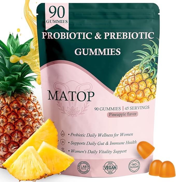 MATOP Probiotic Prebiotic pH Balance Gummies - Vaginal Health Gummies for Women Pro + Prebiotic with Pineapple Flavor, Vegan, Sugar-Free – 90 Gummies (45 Servings)