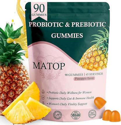 MATOP Probiotic Prebiotic pH Balance Gummies - Vaginal Health Gummies for Women Pro + Prebiotic with Pineapple Flavor, Vegan, Sugar-Free – 90 Gummies (45 Servings)