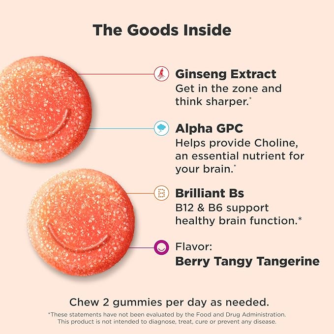 OLLY Laser Focus Gummy, Ginseng, Alpha GPC, B Vitamins, Berry Tangerine Flavor - 36 Count (Pack of 2)