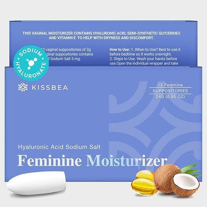 Hyaluronic Acid Suppositories for Women – Menopause & Postmenopause Intimate Dryness Relief – Deep Moisturizing with Vitamin E, Coconut Oil & Glycerin – 12 Count