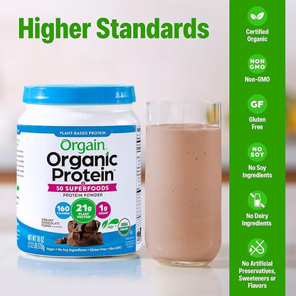 Orgain Organic Vegan Protein + 50 Superfoods Powder, Creamy Chocolate Fudge - 21g Plant Based Protein, 10g Prebiotic Fiber, No Lactose Ingredients, Gluten Free, No Added Sugar, Non-GMO, 1.12 lb