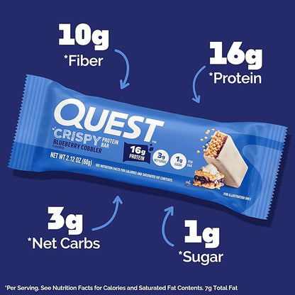 Quest Nutrition Crispy Blueberry Cobbler Hero Protein Bar, 16g Protein, 1g Sugar, 3g Net Carb, Gluten Free Protein Snack, Keto Friendly, 4 Count