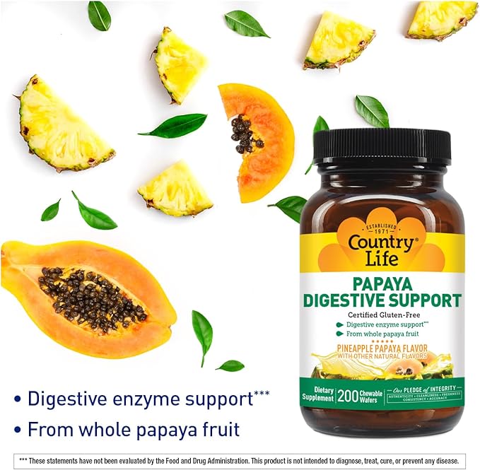 Country Life, Papaya Digestive Support, Daily Enzymes to Promote Digestive Health and Nutrient Absorption, 200