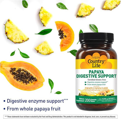 Country Life, Papaya Digestive Support, Daily Enzymes to Promote Digestive Health and Nutrient Absorption, 200
