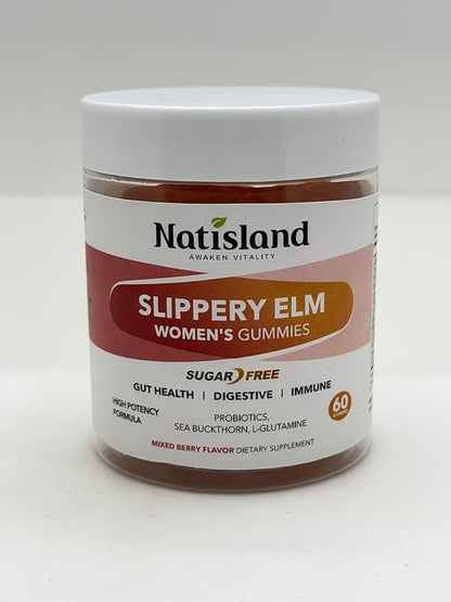 Slippery Elm for Women Gummies, Organic Slippery Elm Bark Extract with Probiotics, Sea Buckthorn, L-Glutamine for Gut & Digestive Health, Throat & Respiratory Support, Sugar Free, Vegan, 60 Gummies