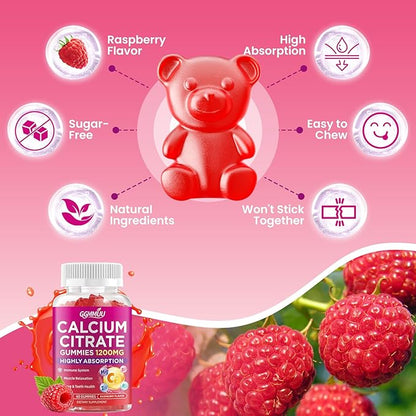 2 Pack Calcium Citrate Gummies 1200mg, High Absorption Calcium Supplements for Women & Men, Sugar Free Calcium Gummies for B0ne, Muscle & Immune Support, Non-GMO, Raspberry Flavor 120 Count