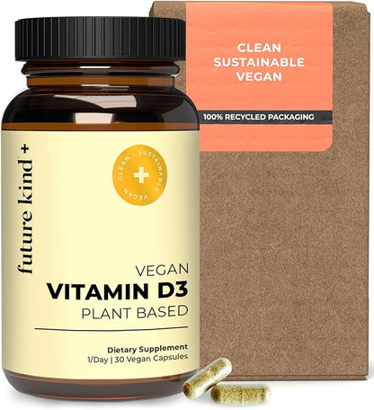 Future Kind Vitamin D3 2500 IU for Bone and Muscle Function, Vitamin D Vegan Supplement from Plant Lichen, Non-GMO, Sugar Free, Pure Vitamin D3, Promotes Natural Resilience, 30 Capsules