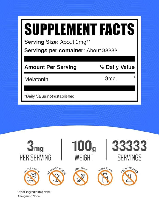BulkSupplements.com Melatonin Powder - Pure Melatonin, Sleep Aid for Adults - Vegan & Gluten Free, 3mg per Serving, 100g (3.5 oz) (Pack of 1)