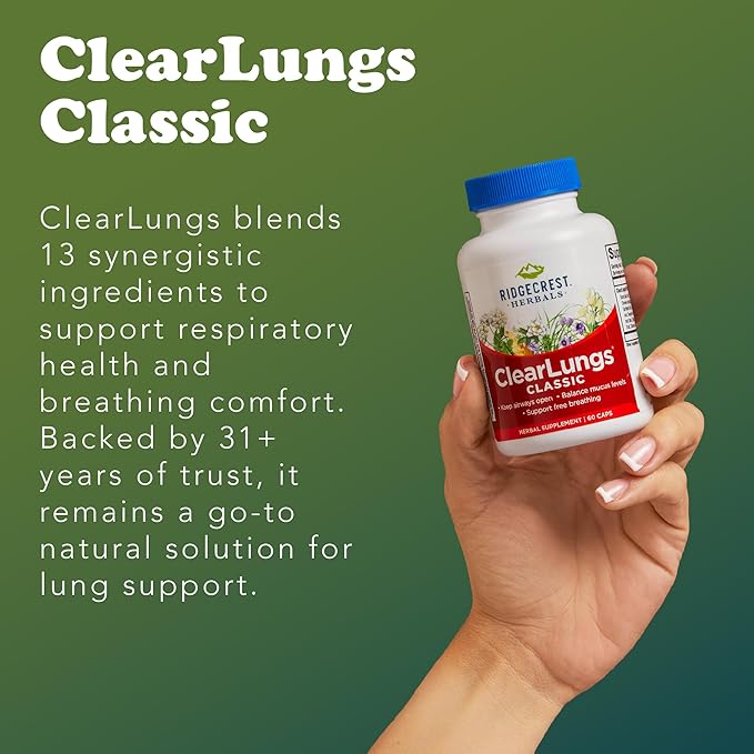 RidgeCrest Herbals ClearLungs Classic, Daily Health Supplement, Natural Lung and Nasal Wellness Formula for Bronchial, Respiratory, Immune, Sinus, and Mucus Support (60 Vegan Caps, 30 Serv)