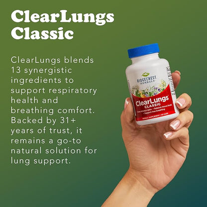 RidgeCrest Herbals ClearLungs Classic, Daily Health Supplement, Natural Lung and Nasal Wellness Formula for Bronchial, Respiratory, Immune, Sinus, and Mucus Support (60 Vegan Caps, 30 Serv)