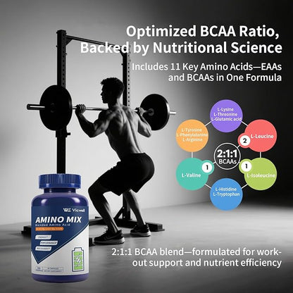 Amino Acid, Supports Muscle Recovery and Lean Muscle Growth, Enhances Energy and Endurance, Contains Essential Amino Acids and BCAAs, 90 Capsules (1 Bottle)