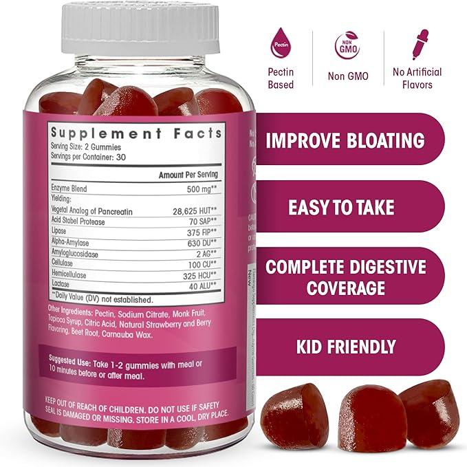Digestive Enzymes Chewable Gummies: Helps Food Intolerance, Debloat, and to Digest Dairy, Carbs, Veggies, Protein, Fruit -Amylase Protease Lipase Lactase- Naturally Flavored Vegan Gummies. 60 Count