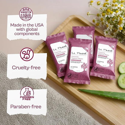 LA Fresh Feminine Hygiene Wipes with Aloe Vera Chamomile, Cucumber and Vitamin E for Refreshing - Travel Size Wipes for Women Gift Set - 3 Pack, 30 Count