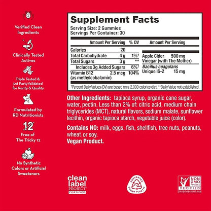 HUM Pro Apple Cider Vinegar Gummies with Probiotics for Digestive Health & Gut Health,100% Organic Apple Cider Vinegar with Mother Gummy Vitamins, Vitamin B12 for Energy Support, 60 ACV Gummies