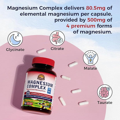 Vitalitown Magnesium Complex Supplement 500mg - NSF Certified Magnesium Glycinate, Malate, Taurate & Citrate - Chelated High Absorption & Gentle on Stomach - Vegan Non-GMO 60 Capsules