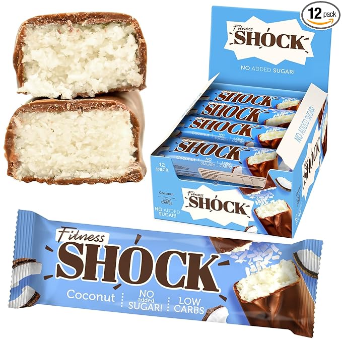 Fitness SHOCK Coconut Chocolate Bars - No Added Sugar, Low Calorie Guilt-Free Low Carb Snack - 0g Added Sugar, Only 180 Kcal, 13g Net Carbs, 7mg Sodium - 12 x 50g