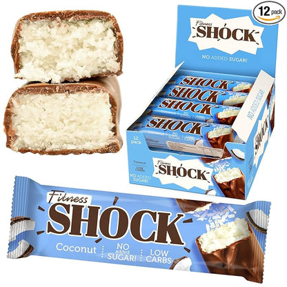 Fitness SHOCK Coconut Chocolate Bars - No Added Sugar, Low Calorie Guilt-Free Low Carb Snack - 0g Added Sugar, Only 180 Kcal, 13g Net Carbs, 7mg Sodium - 12 x 50g