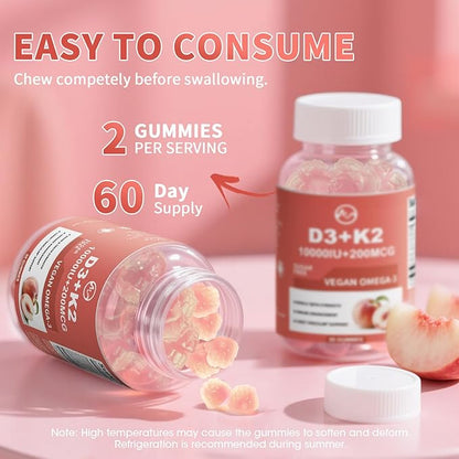 M inch Vitamin D3 K2 Gummies, Vitamin D3 10000IU, K2 (MK-7) 200mcg, 6-in-1 Vitamina D3 Con K2 Supplement with Omega-3, Magnesium and Calcium for Bones, Teeth & Immune Support, Sugar Free, 2 Packs