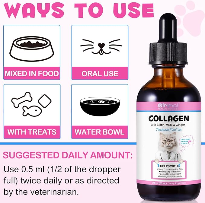 Collagen for Cats, Liquid Collagen for Cat, Liquid Skin and Coat Itch Relief for Cat with Biotin, Collage Supplement for Cats Salmon Flavor-120ml