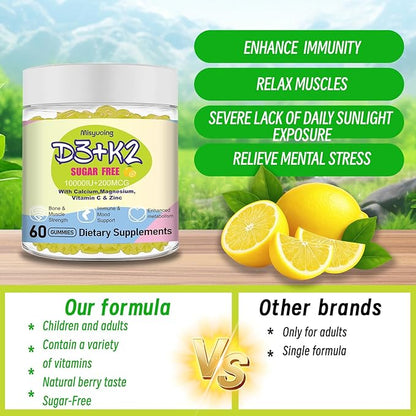 Vitamin D3K2 Gummies,Vitamin D3 10000 IU with K2 200mcg,VitaminC,Calcium,Magnesium,Zinc,Support for Bones,Joints,Muscles,Nerves,and Immune System (60, Lemon，Sugar-Free)