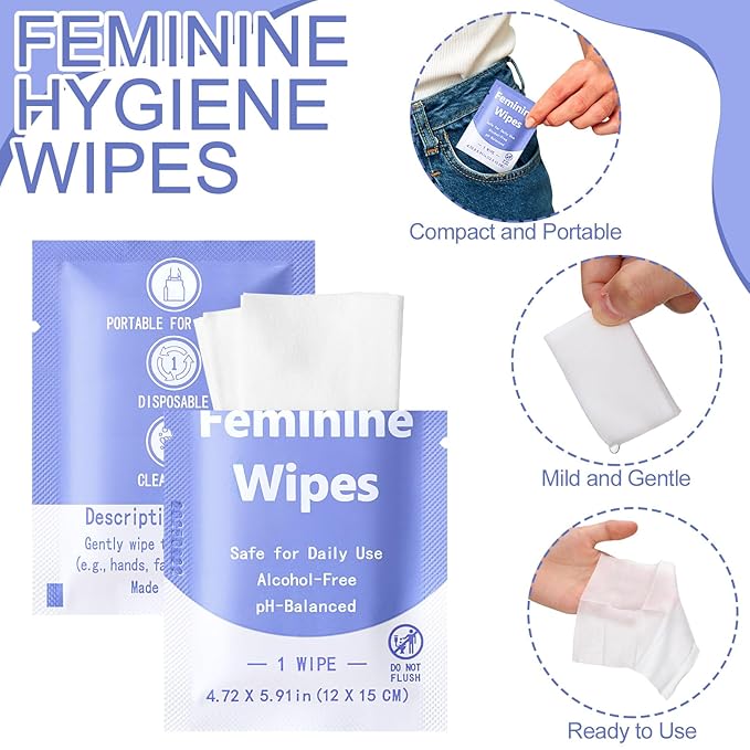 300 Pieces Feminine Wipes Individually Wrapped Women Travel Size Bulk Unscented Intimate Wipes Mild Private Parts Ph Balanced for Travel Bathroom Toilet Daily (Purple)