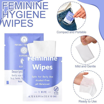 300 Pieces Feminine Wipes Individually Wrapped Women Travel Size Bulk Unscented Intimate Wipes Mild Private Parts Ph Balanced for Travel Bathroom Toilet Daily (Purple)