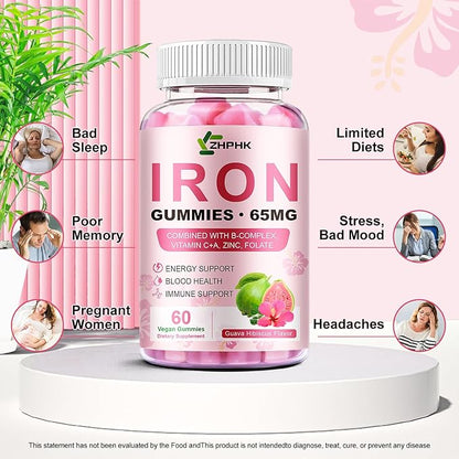 ZHPHK Iron Gummies for Women Men Vitamin Supplement 65mg & Vitamin C 250mg Per Serving with B6 B12 Folate- Energy Support for Iron Deficiency, Anemia, Vegan Guava Hibiscus Flavor, 120 Count