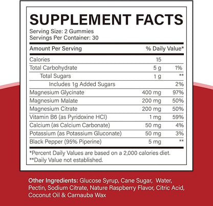 Triple Magnesium Complex 900 mg, Magnesium Glycinate, Citrate, Malate with Potassium, Calcium, Vitamin B6 for Calm & Sleep - Vegan, Non-GMO, Gluten Free - 120 Raspberry Gummies for Adults