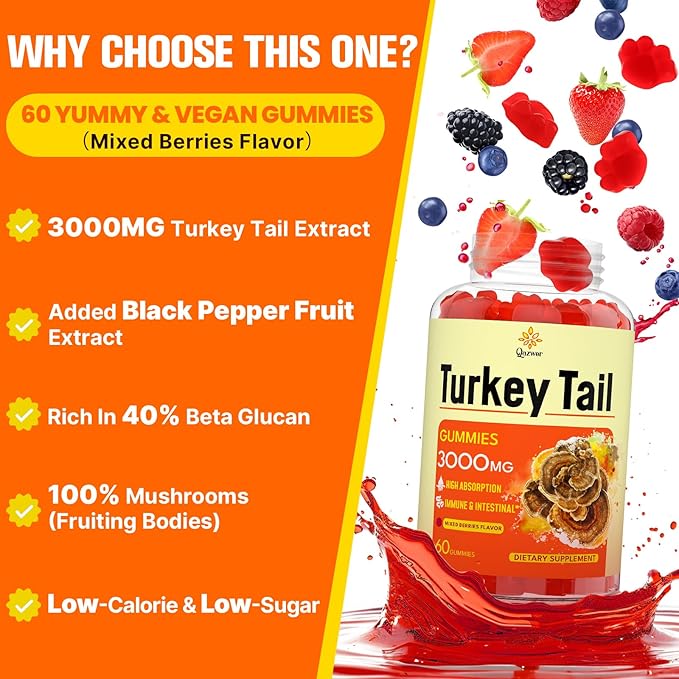 Turkey Tail Mushroom, Turkey Tail (100% Fruiting Body, 40% Beta Glucans) add Black Pepper, Mushroom Gummies for Gut, Energy, Brain & Immune Support, Mixed Berries Flavor | Vegan, Non-GMO, 60ct