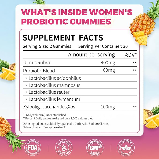 Probiotics for Women,Vaginal Probiotics Gummies for Digestive Health Feminine PH Balance,Gut Health Supplements with Slippery Elm & Prebiotics-60 Count