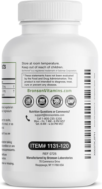 Bronson DIM Supplement 200 MG Diindolymethane with BioPerine for Enhanced Absorption, Estrogen Metabolism & Maintains Balanced Hormone Levels, 120 Vegetarian Capsules