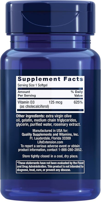 Life Extension Vitamin D3 125 mcg (5000 IU), Bone Health, Brain Performance, Immune System Support, Gluten-Free, Non-GMO, Once Daily, Two-Month Supply, 60 Softgels (Pack of 2)