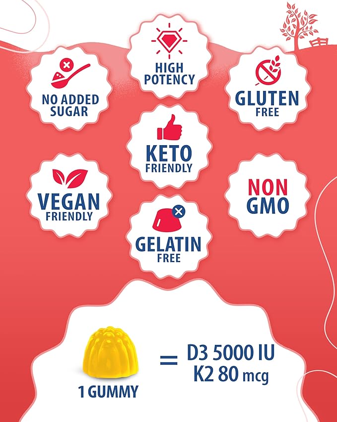 SUNNY SAM Sugar-Free Vitamin D3 K2 Gummies 5000 IU - Immune & Bone Support - Vitamin D Gummy Supplement for Adults - High-Absorption, Vegan, Halal, Gluten-Free Chewable Vitamins - 120 Count