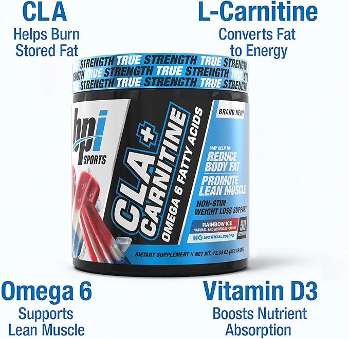 BPI Sports CLA+Carnitine – CLA L Carnitine & Linoleic Acid – L Carnitine Supplement for Weight Loss, Metabolism & Lean Muscle – Caffeine Free – Rainbow Ice – 50 Servings – 12.34 oz