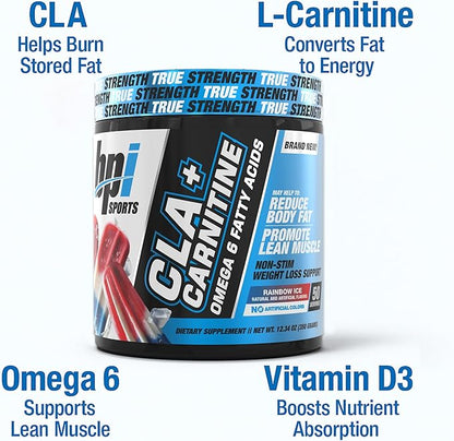 BPI Sports CLA+Carnitine – CLA L Carnitine & Linoleic Acid – L Carnitine Supplement for Weight Loss, Metabolism & Lean Muscle – Caffeine Free – Rainbow Ice – 50 Servings – 12.34 oz