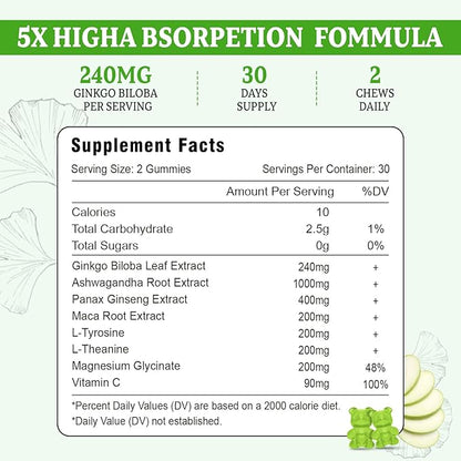 Ginkgo Biloba Gummies 240mg with Panax Ginseng for Better Mood and Focus, Booster Brain Health, 60 Vegan Apple Flavor Gummies
