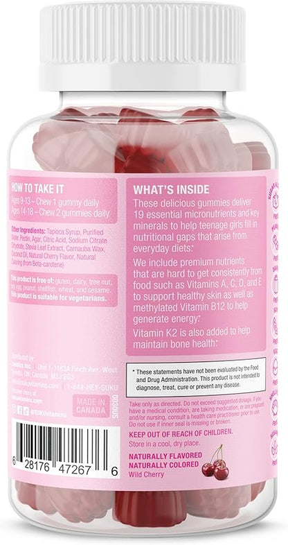 SUKU Teen Girl Multivitamin Gummies – Vitamins A, B12, C, D3, E, Biotin & Zinc – Sugar-Free Vegetarian Supplement for Skin, Energy, Immune & Bone Health – Cherry Flavor – 60 Count