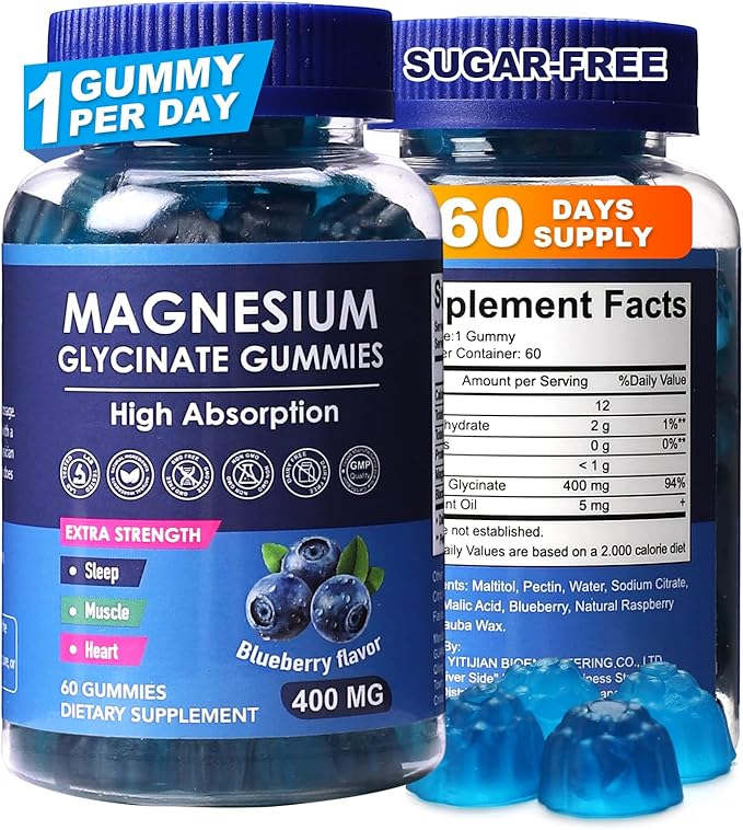 Blueberry Flavor Magnesium Glycinate Gummies 400mg – High Absorption Supplement for Adults and Kids, Sugar Free, Gelatin Free, Vegan Friendly, 60 Day Supply (60, Blueberry)