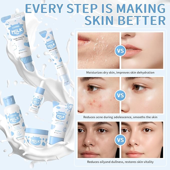 Milk Skin Care Set - 9PCS Milk Skin Care for Kids Ages 8-12 with Cleanser, Toner, Serum, Eye Cream, Face Cream, Sunscreen, Facial Masks - Deep Hydrating, Smooth & Delicate Skin for Girls & Women