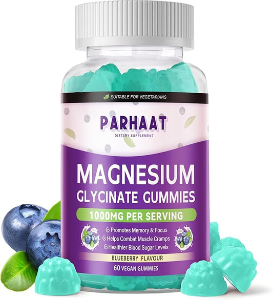 Magnesium Glycinate Gummies - Sugar Free Magnesium Potassium Supplement with Vitamin D, B6, CoQ10 for Calm Mood & Sleep Support - 60 Blueberry Chews