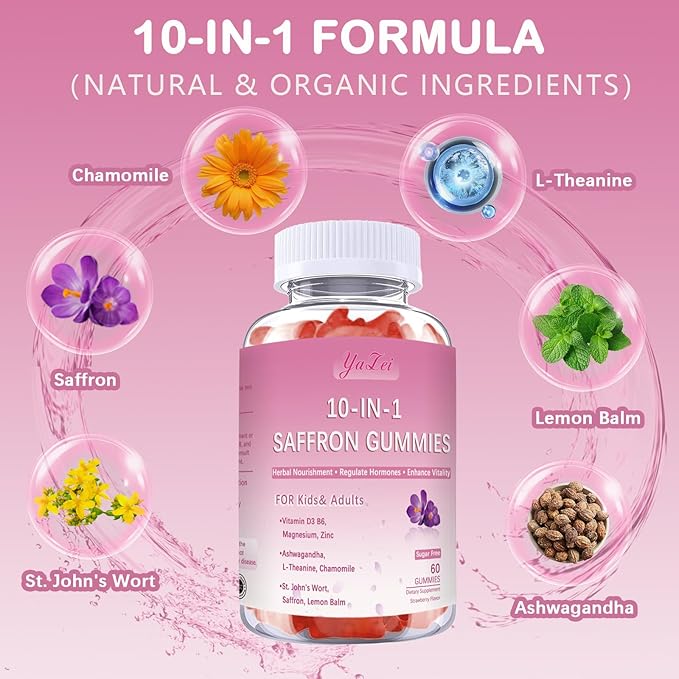 Saffron Supplements Gummies for Kids & Adults,Sugar Free,with Ashwagandha,L-Theanine,Chamomile,St. John's Wort,Lemon Balm,Vitamin D3 B6, Magnesium,Zinc Gummies for Zzz, Mood, Focus & Vision 60 Cnt