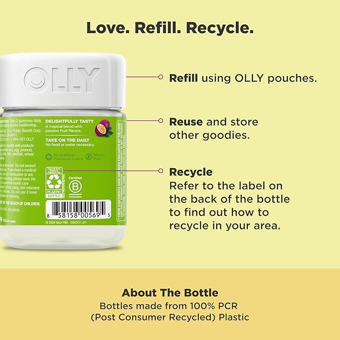 OLLY Daily Energy Gummy, Caffeine Free Cellular Energy Production,* Vitamin B12, CoQ10, Goji Berry, Adult Chewable Supplement, Tropical Passion Flavored, 60 Day Supply - 120 Count