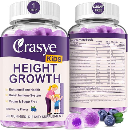 Height Growth Gummies for Kids & Teens - Calcium, Vitamin D3 + K2, Zinc, Magnesium, L-Arginine - Teen Multivitamin Gummies for Children Bone Strength and Immunity - 60 Gummies