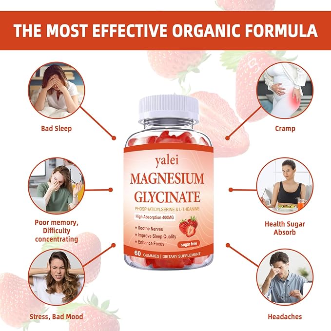 Magnesium Glycinate Gummies 400mg with L-Theanine,Phosphatidylserine–Sleep, Stress & Muscle Relief, for Adults & Kids, Non-GMO, Vegan, Sugar Free,60 Gummie Strawberry Flavor