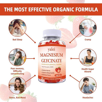 Magnesium Glycinate Gummies 400mg with L-Theanine,Phosphatidylserine–Sleep, Stress & Muscle Relief, for Adults & Kids, Non-GMO, Vegan, Sugar Free,60 Gummie Strawberry Flavor