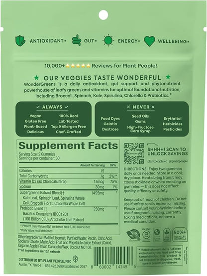 Plant People WonderGreens Veggie Gummies Super Greens with Probiotics Multivitamin Support Gummy for Wellbeing, Energy, Immune and Gut Health, Green Apple Flavor (60 Count)