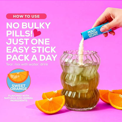 MOLO Hormone Balance for Women – ALA for Cycle Regulation, Magnesium & Zinc for Mood Support and Hormone Balance - 30 Stick Packs with Sweet Orange Flavor – Vegetarian, Gluten-Free & Non-GMO