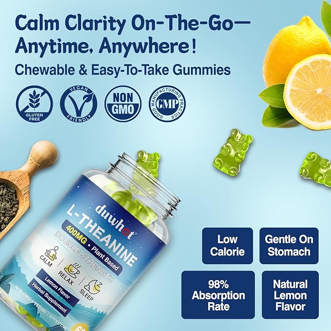 duwhot L Theanine Gummies, 200/400mg L-Theanine Supplement for Adults & Kids, Natural Stress Relief, Relaxation, Zzz & Focus Support Gummy,Organc,Vegan, Low Sugar,Non-Drowsy,Lemon Flavor,120 Chewables