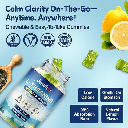 duwhot L Theanine Gummies, 200/400mg L-Theanine Supplement for Adults & Kids, Natural Stress Relief, Relaxation, Zzz & Focus Support Gummy, Organc,Vegan, Low Sugar,Non-Drowsy,Lemon Flavor,60 Chewables