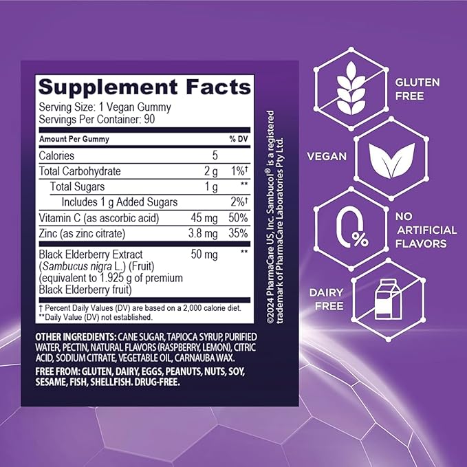 Sambucol Elderberry Gummies - Immune Support Supplement for Adults & Kids with Vitamin C & Zinc, Sambucol Elderberry are High in Antioxidants, Gluten Free, Vegan - 90 Count